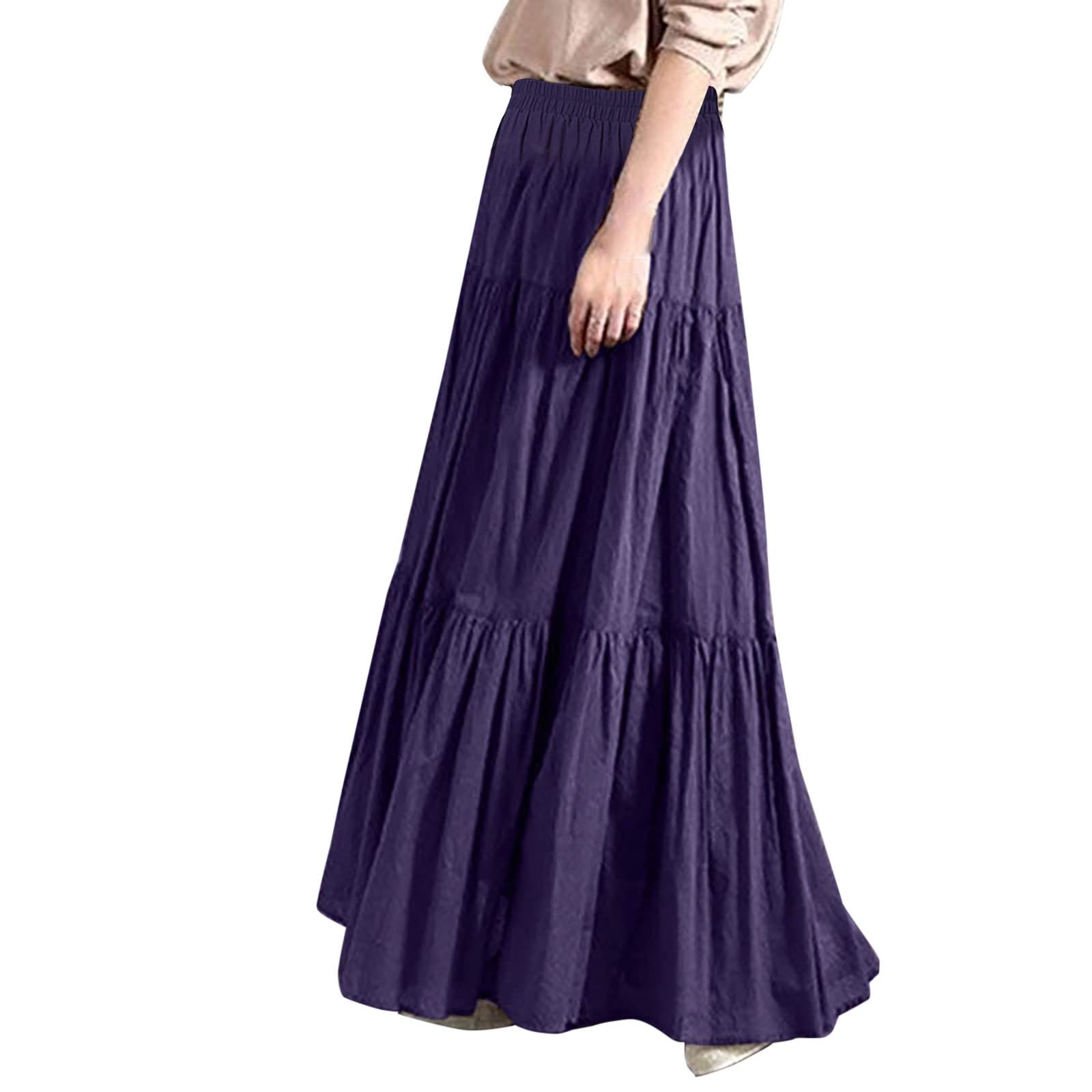 Robe d'été pour femme - Jupe printemps/été décontractée - Taille haute - Coton et lin - Couleur unie - Plissée - Swing ample - Jupe mi-longue