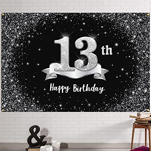 HAMIGAR 6x4ft Happy 13th Birthday Banner Backdrop - 13 Years Old Birthday Decorations Party Supplies for Girls Boys - Black Silver