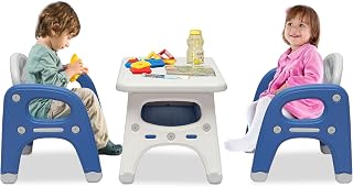 kinbor Kids Table and Chair Set - 3 Pieces Children Activity Table and Chairs with Storage Shelf, Toddler Desk Furniture Set for Drawing Reading Snack Time Art Craft (White & Blue)