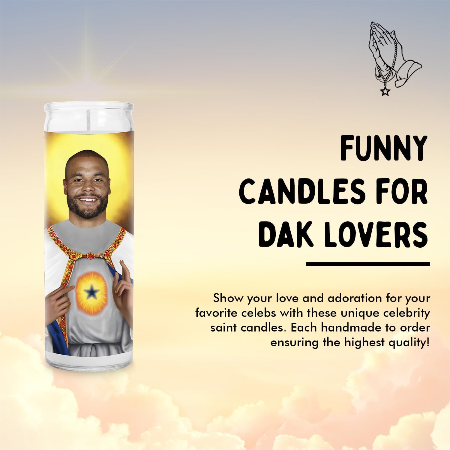 Dak Celebrity Glass Jar Candle – Unscented Handmade Soy Wax Votive Candle – Unique Gift for Dallas Football Fans – Home Decor Texas TX Sports Collectible