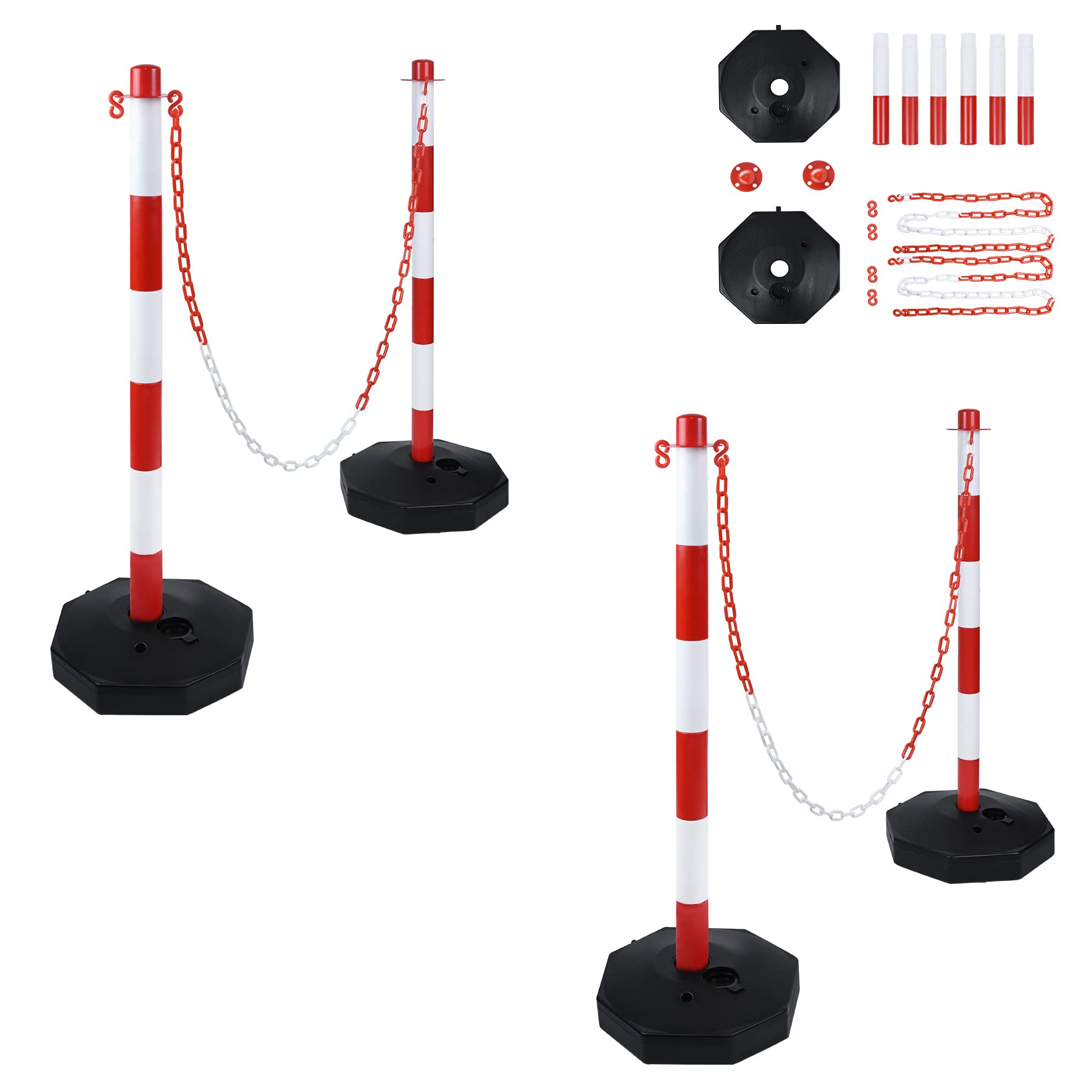 SUBTLETY 4 Pezzi Palo di Sbarramento Palo a Catena in Plastica Set di Paletti con 2x Catene in Plastica da 1,4 m Dissuasore per Vialetti, Garage e Cancelli (82x28x28cm, Rosso + Bianco)