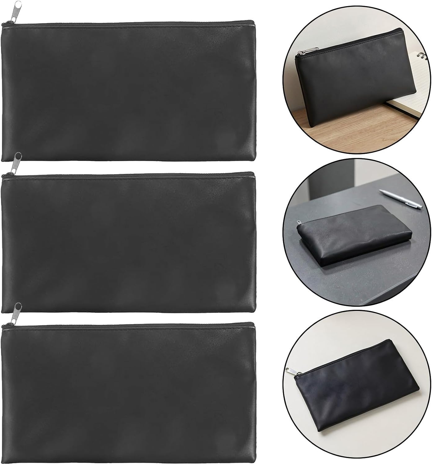 10pcs Black PU Zipper Money Bag for Travel and Office Cash Storage