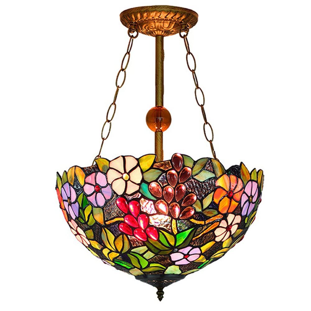 FYZDLAOR Grape Pattern Tiffanystyle Inverted Pendant Lights Chandelier 16 Inches Wide 3 Light Fixture for Dining Living Room Bedroom Hallway Foyer Kitchen Entryway