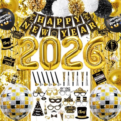 Amazon.com: MOVINPE New Years Eve Party Decorations 2026 Black Gold ...
