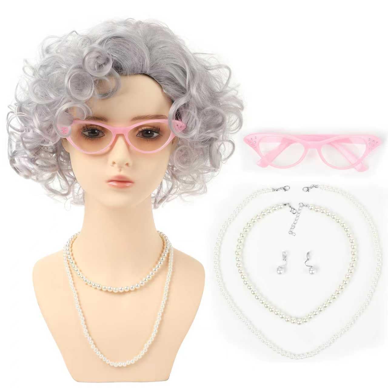 Women Roper Curly Old Lady Grey Cosplay Wig with Necklace Earrings and Sunglasses for Women Hallween Costume Wig