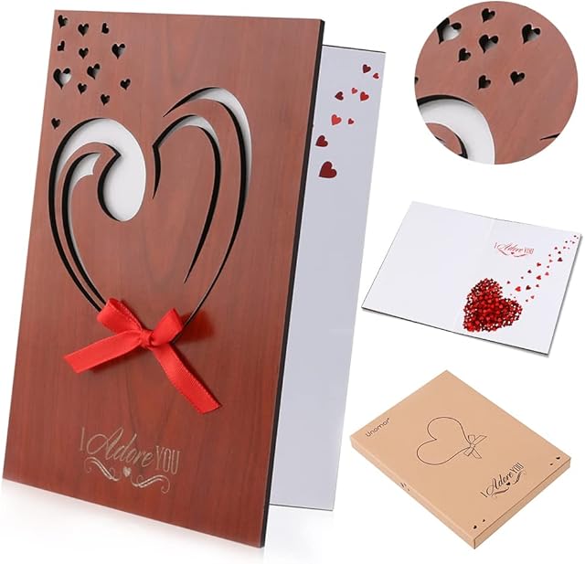 Wedding Anniversary Card for Husband Wife - Love Hearts Christmas Cards for Him Her Boyfriend Girlfriend, Handmade Imitation Wood Personalised Mothers Day Card for Christmas Gifts