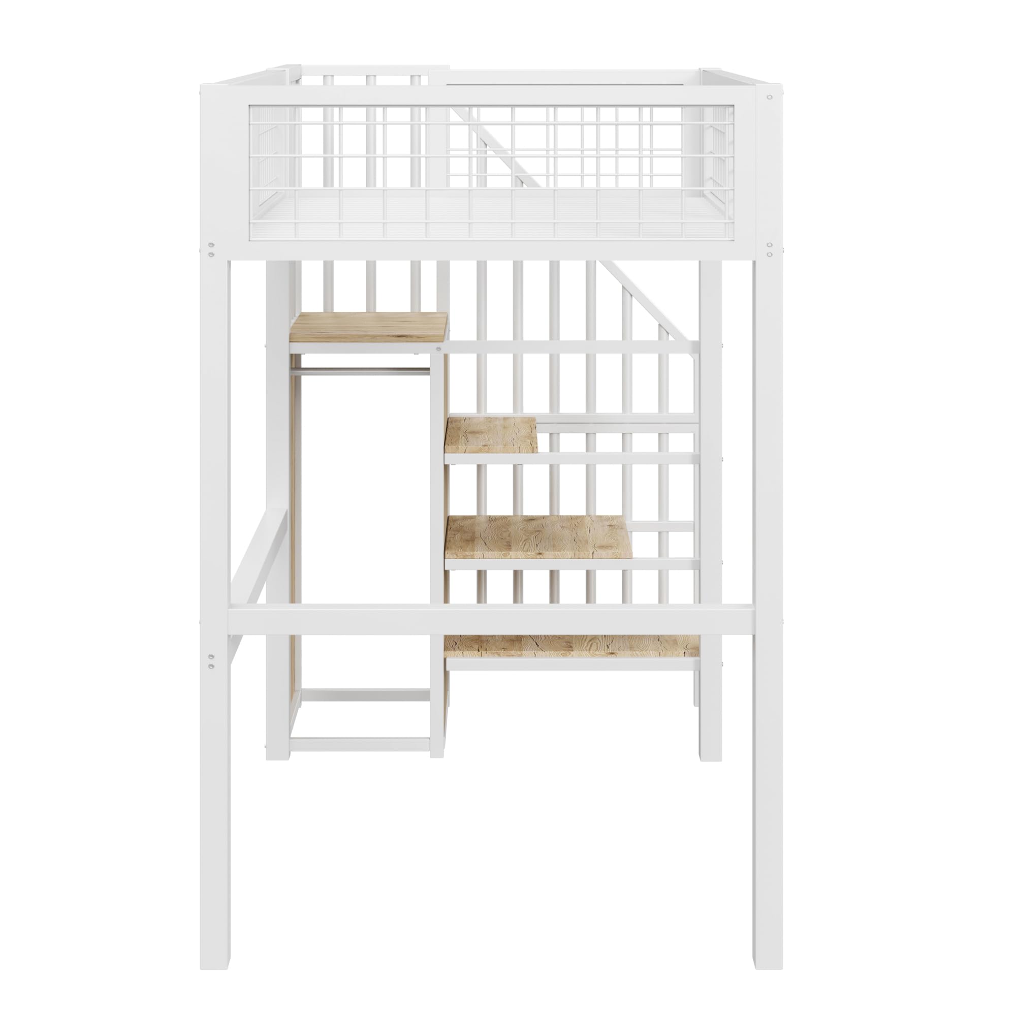 Moimhear Letto a soppalco 90 x 200 cm, letto in ferro con scaletta, lettino con telaio in ferro e scaffalatura, armadio (Bianco)