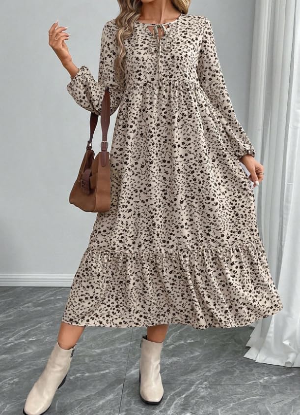 Women's Autumn Long-Sleeved Round-Neck Pleated Floral Dress a Casual and Flowing Long Dress - Image 6