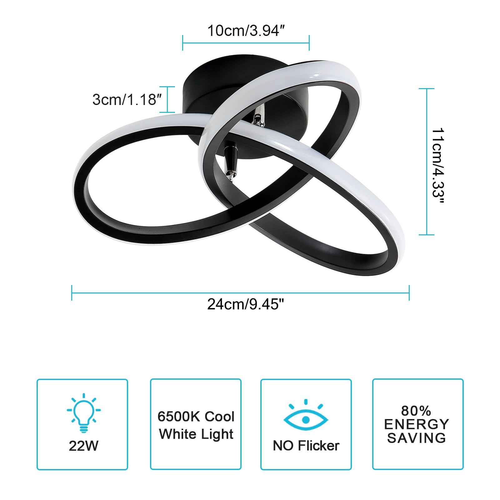 Comely Plafoniera LED Soffitto Moderne, 22W 2500LM Lampada da Soffitto in Acrilico, Rotonda Nero Lampadario LED per Soggiorno Camera da Letto Cucina Corridoio, Bianco Freddo 6500K