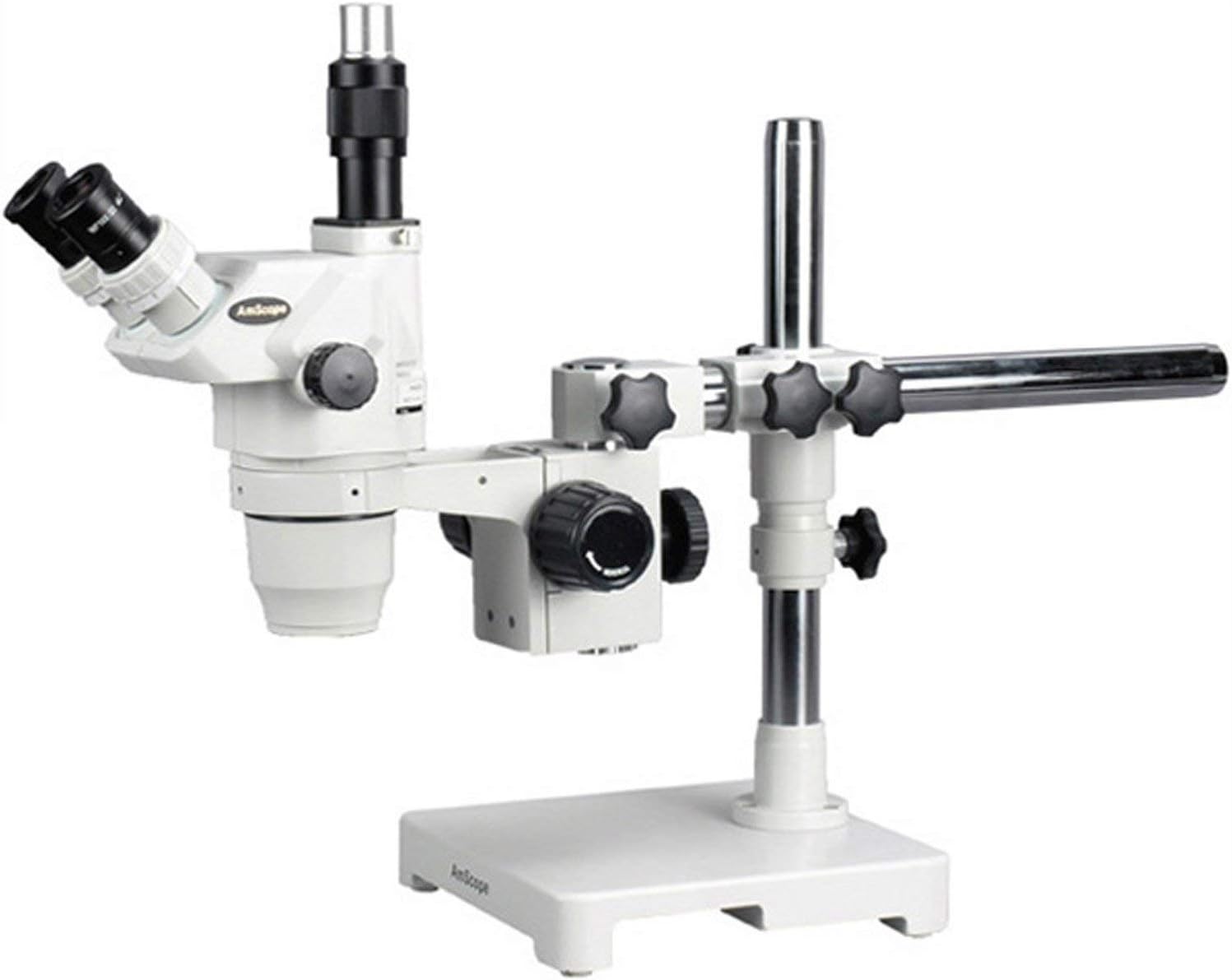 AmScope ZM-3T3 Professional Trinocular Stereo Zoom Microscope, EW10x Eyepieces, 2X-45X Magnification, 0.67X-4.5X Zoom Objective, Ambient Lighting, Large Single-Arm Boom Stand, Includes 0.3X Barlow Len