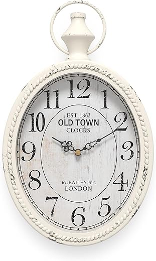 Menterry Small Retro Oval Wall Clock, Antique Old Design, White Vintage Style, Battery Operated