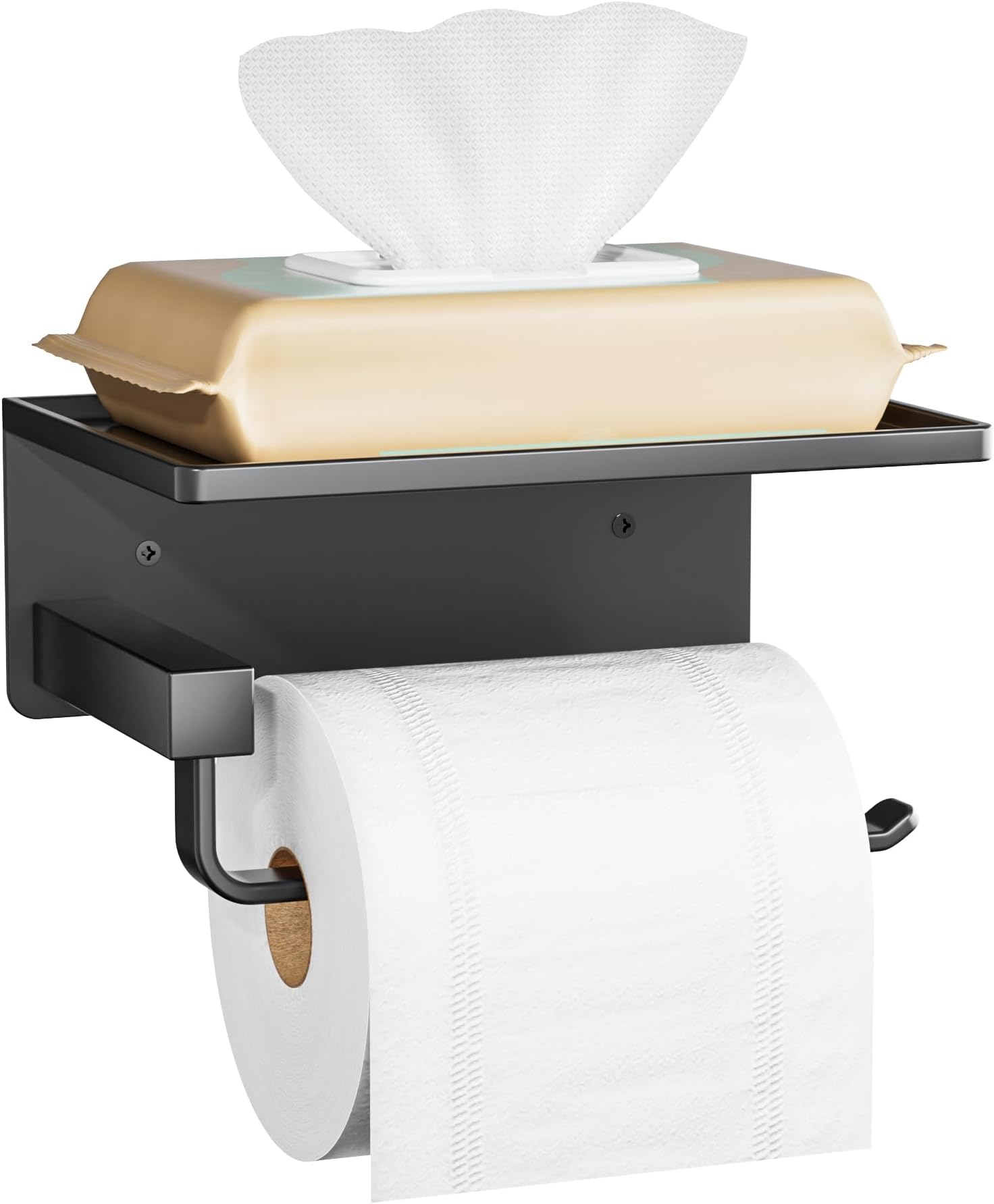 Paper Towel Holder Under Cabinet Wall Mount Toilet Paper Holder With Phone Shelf - Double Roll Stainless Steel Bathroom Organizer In Black Wall Mounted Tp Holder