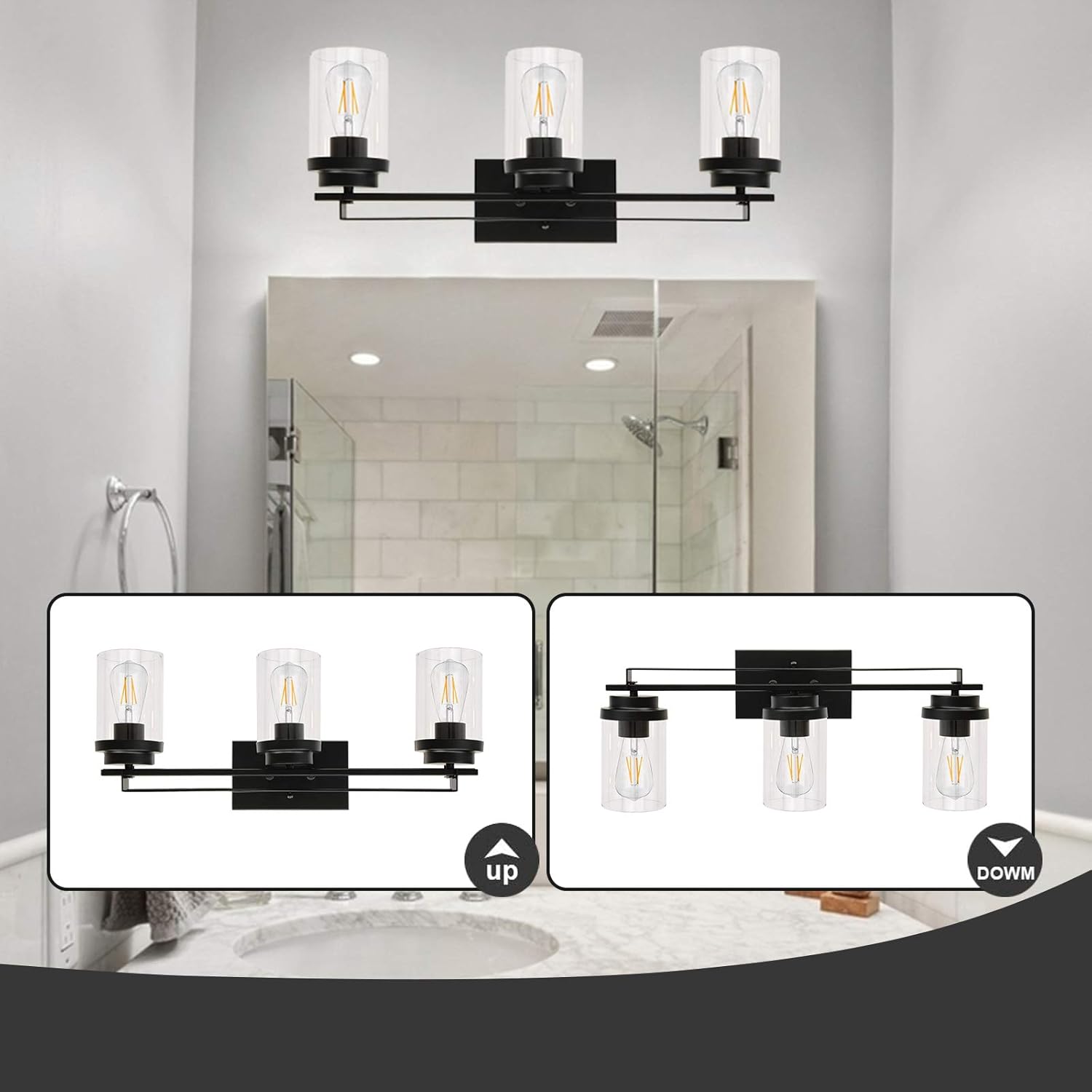 Blасk Frіdау - 50% оƒƒ Banato Lighting Bathroom Vanity Light Fixtures, 3-Light Industrial Indoor Wall Light Matte Black Finish with Clear Glass Shade, Farmhouse Sconces Wall Lighting for Mirror Cabinet Powder Room