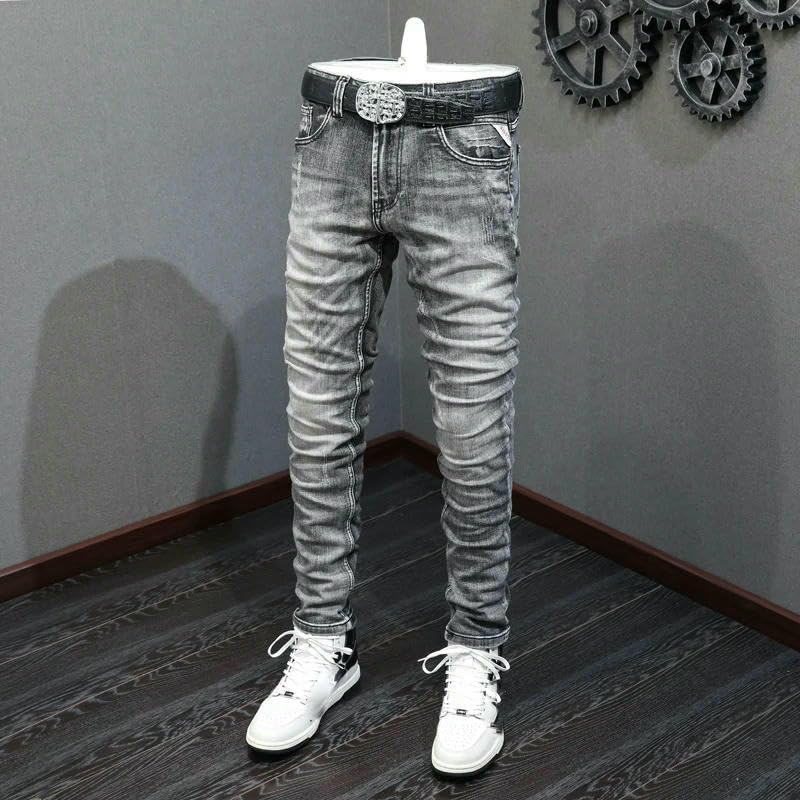 Men's Jeans Retro Dark9 Gray9 Elastic Slim Fit Ripped ​​Trousers Men Vintage Casual Denim Pants2