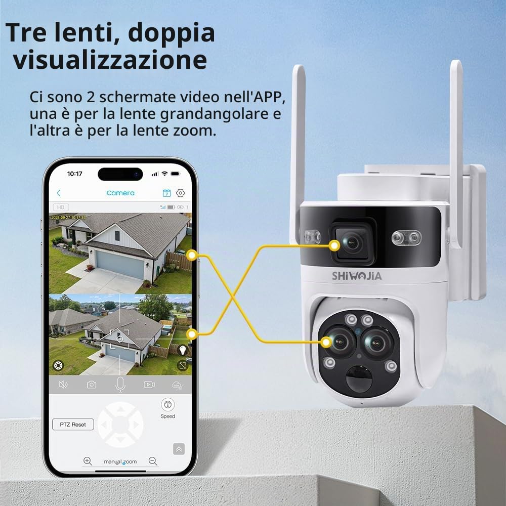SHIWOJIA Telecamera con SIM Esterno Solar, 2K 4MP 360° PTZ 2K 4MP Telecamera di Sorveglianza con Doppio Obiettivo e Doppio Schermo,15X Zoom, Night Visione, Audio a 2 vie, Rilevamento del Movimento