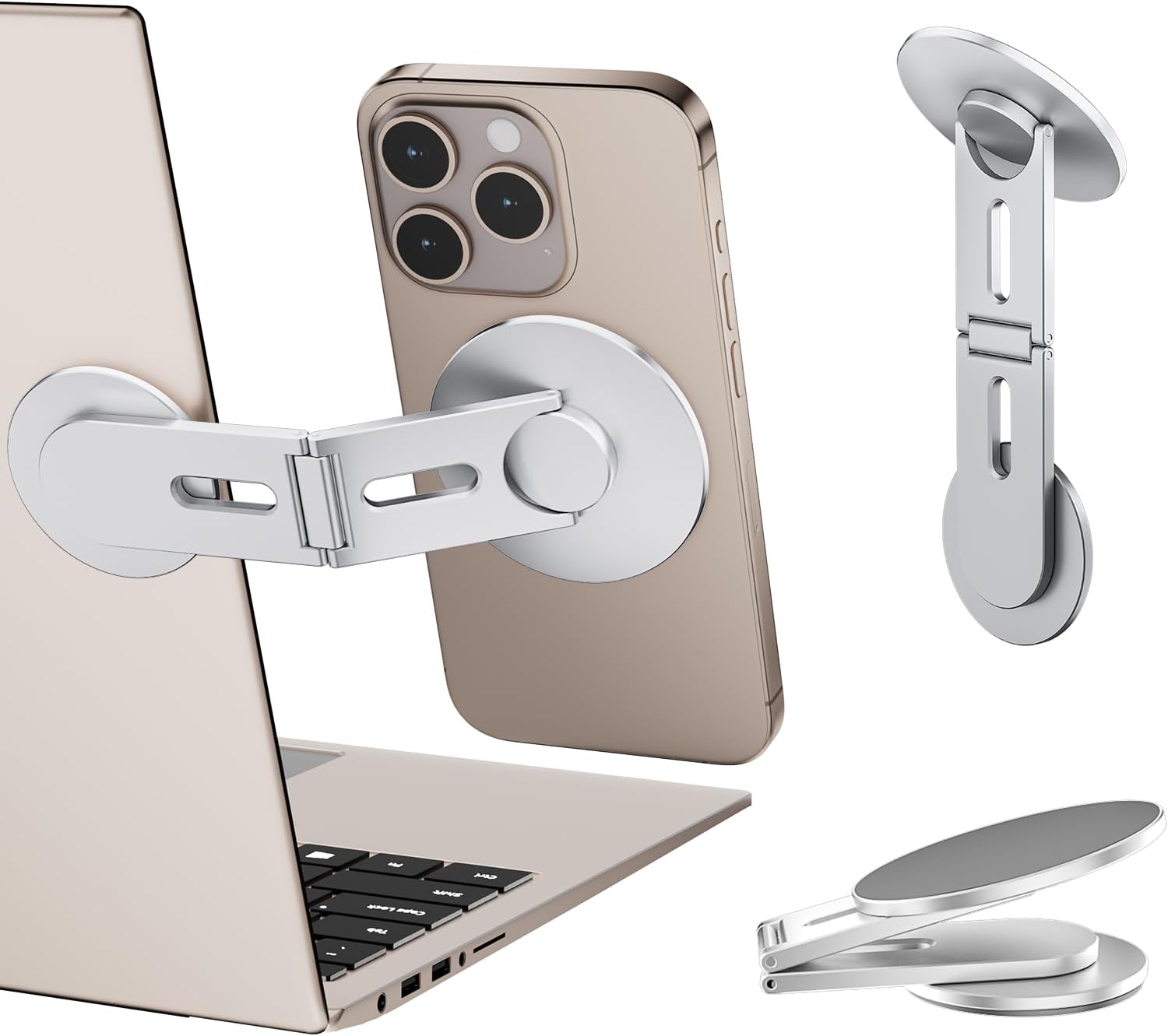 Magnetic Laptop Phone Holder Compatible with MagSafe iPhone, Dual-Axis 180° Adjustable Side Phone Mount, Slim Portable Foldable Stand for Computer/Tesla/Monitor/Treadmill, Silver