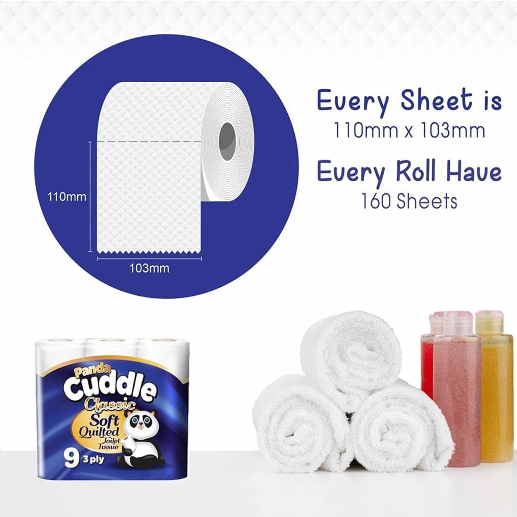 Panda Cuddle 3-lagige, geruchlose, gesteppte Toilettenpapierrollen, Großpackung – 153 Stück – superweiche, klassische Toilettenpapierrolle für Komfort und einfache Spülung, geprägtes Toilettenpapier