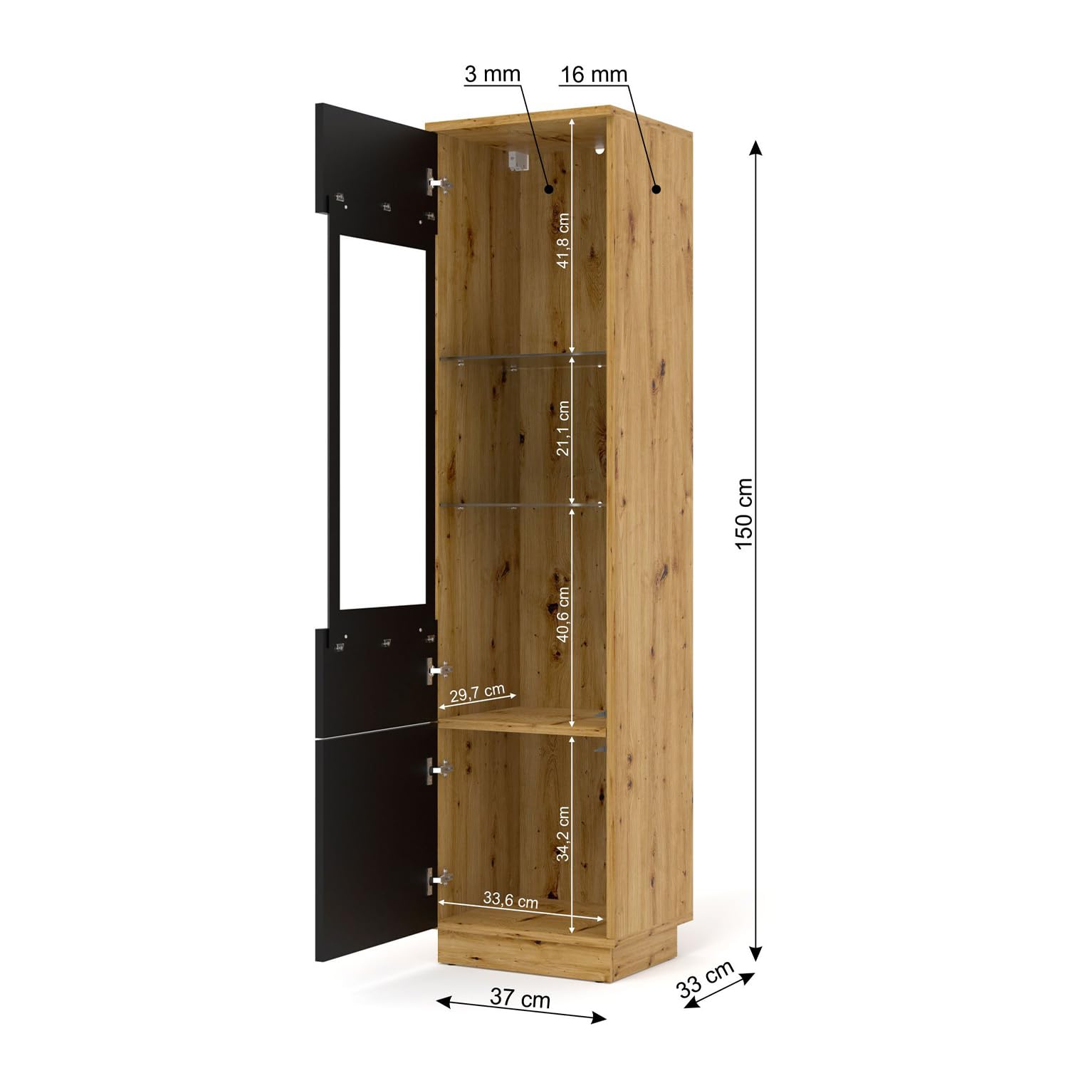 BIM Furniture Vitrina Aura – Armario colgante o vitrina de pie, armario de salón 33 x 37 x 150 cm, moderno, espacio de almacenamiento, roble Artisan/negro mate