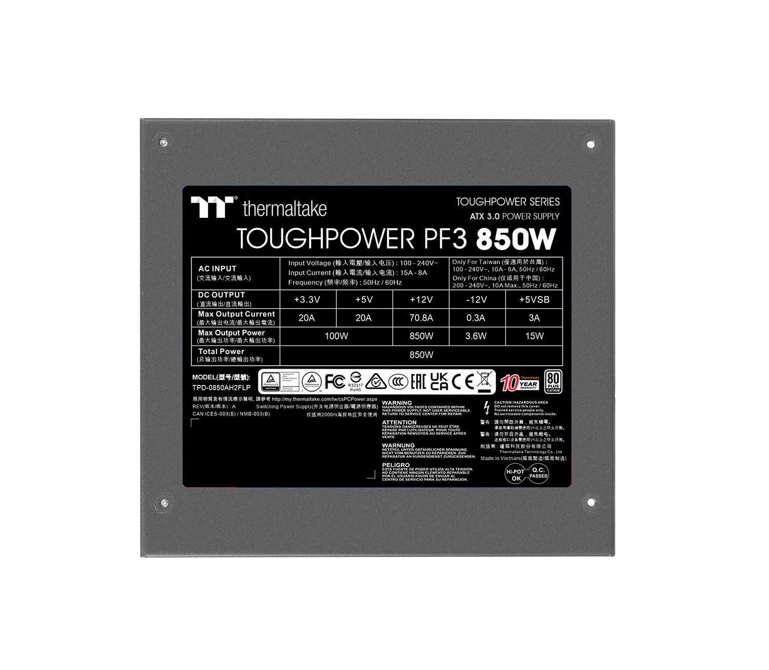 Thermaltake Toughpower PF3 850W Gen 5 | ATX 3.0 | PCIe Gen 5 Ready | Smart Zero Fan | 80 Plus Platinum | Fully Modular