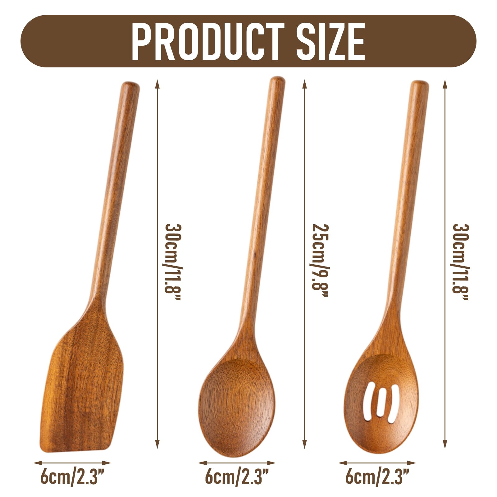 Set Di 3 Utensili Da Cucina In Legno Di Acacia, Mestolo Forato, Spatola E Cucchiaio Antigraffio Per Pentole Antiaderenti