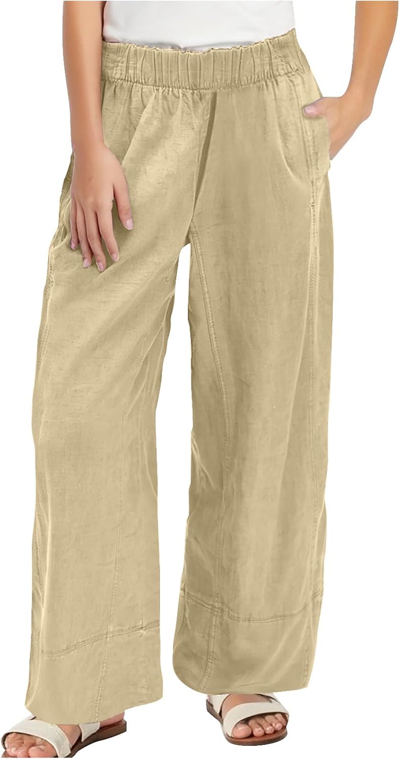 Linen Pants for Women Cotton Baggy Boho Casual Palazzo Pants Wide Leg Long Lounge Trousers with Pocket