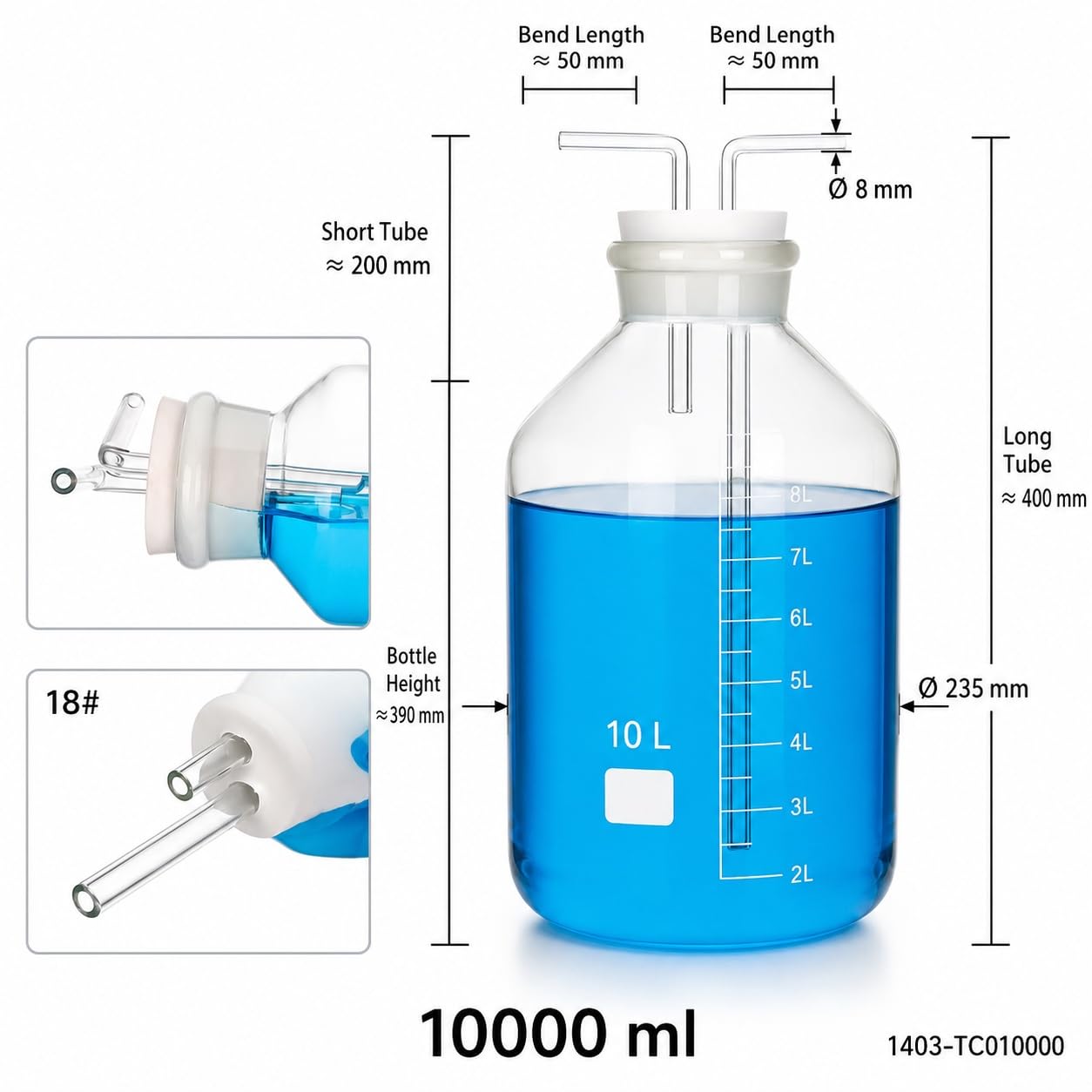 Zestaw Butelka Płuczka Gazowa Skalowana Szkło Borokrzemowe Chemia Lab-10000ml