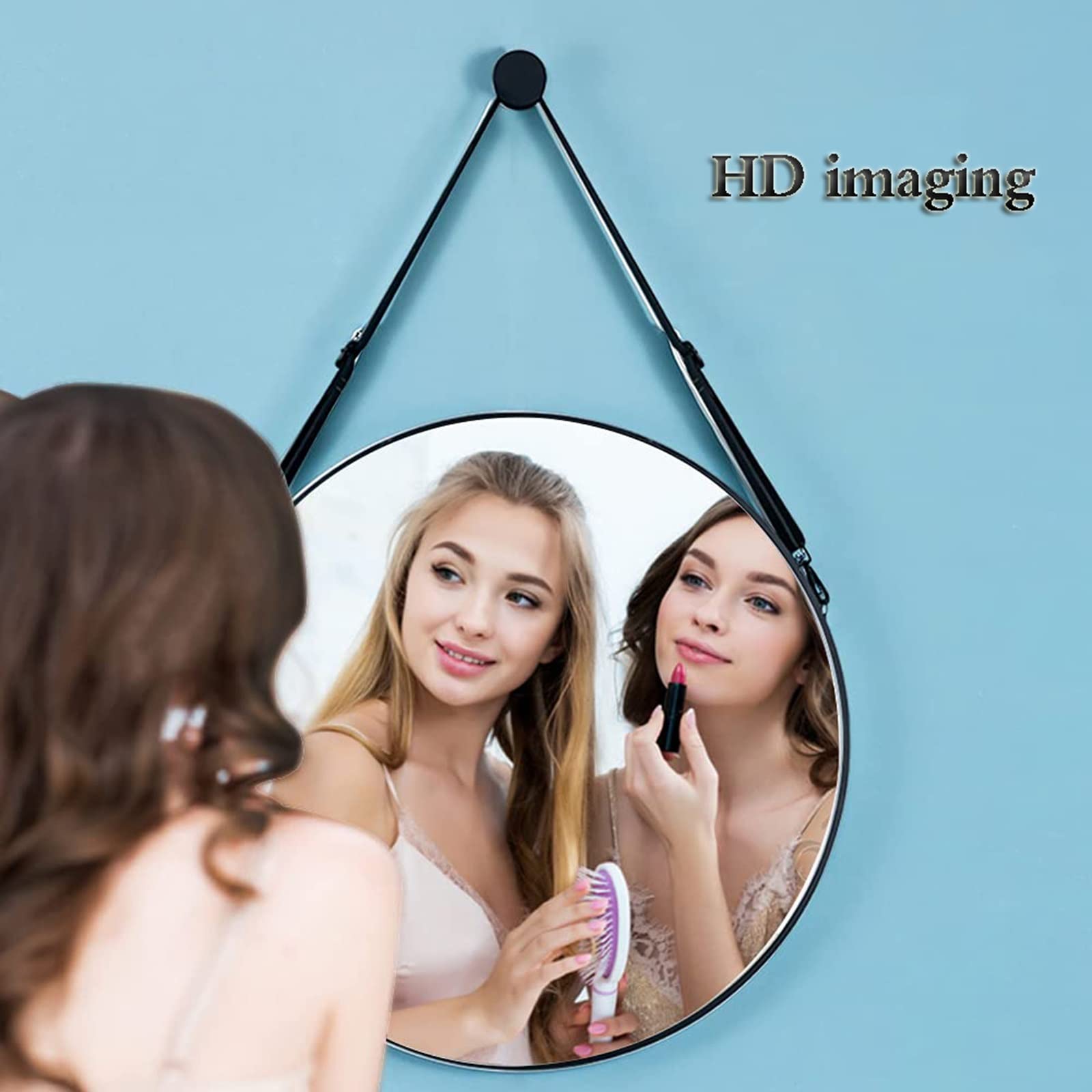 Miroir mural rond rustique avec corde en cuir – 70,1 cm – Miroir décoratif pour salle de bain, chambre à coucher, salon et entrée – Décoration d'intérieur rustique élégante marron