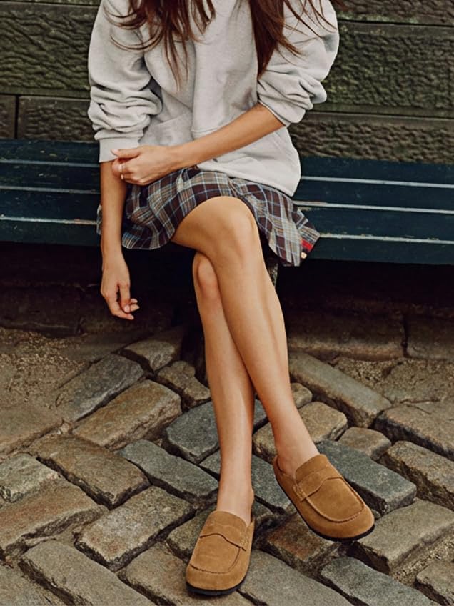 Women's Suede Mules Genuine Leather Clogs Closed Square Toe Slip On Durable Clogs for Women Footwear Non-Slip Outsole Comfort Shoes for All Season Casual Daily - Image 2