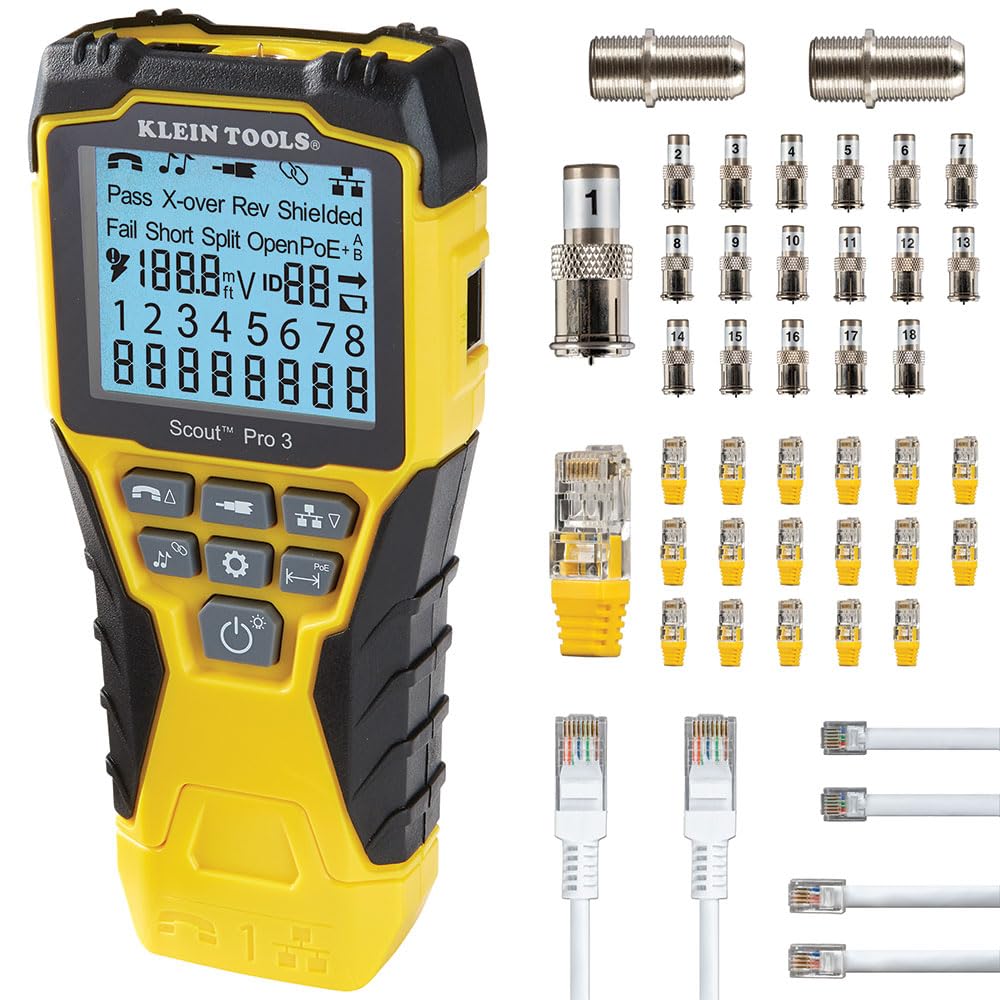 KLEIN TOOLS VDV501-852 Scout Pro 3 Kabeltester Set | Netzwerk Tester LAN Tester für RJ11 RJ12 RJ45 Koax | Mit Leitungssucher und Remote-Einheiten | LCD-Display für Kabellänge Verdrahtungstest