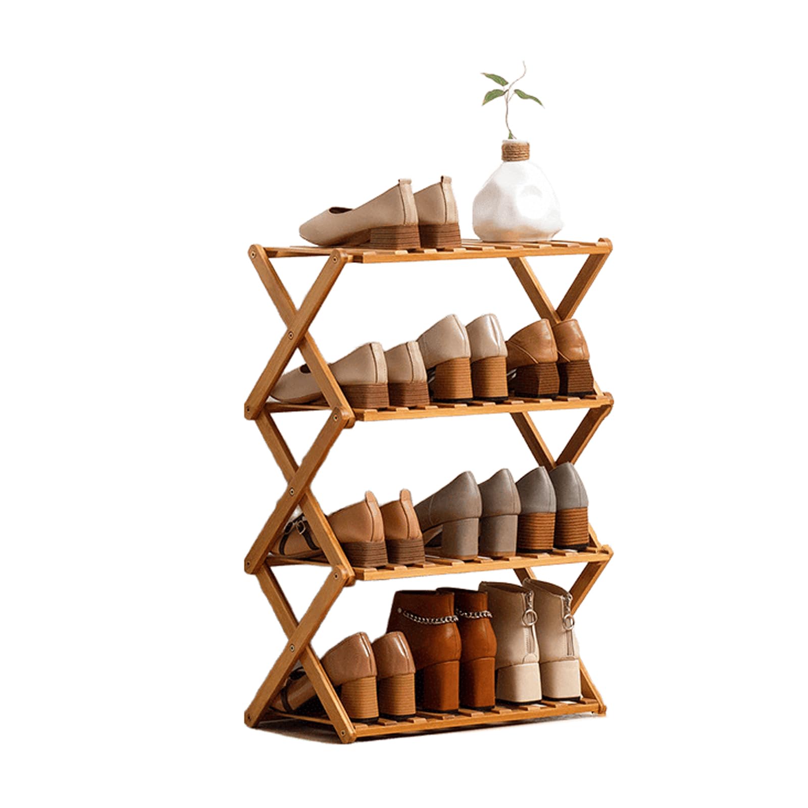 Kiss Me Vertical Folding Shoe Rack, Portable Wooden 4 Tier Storage