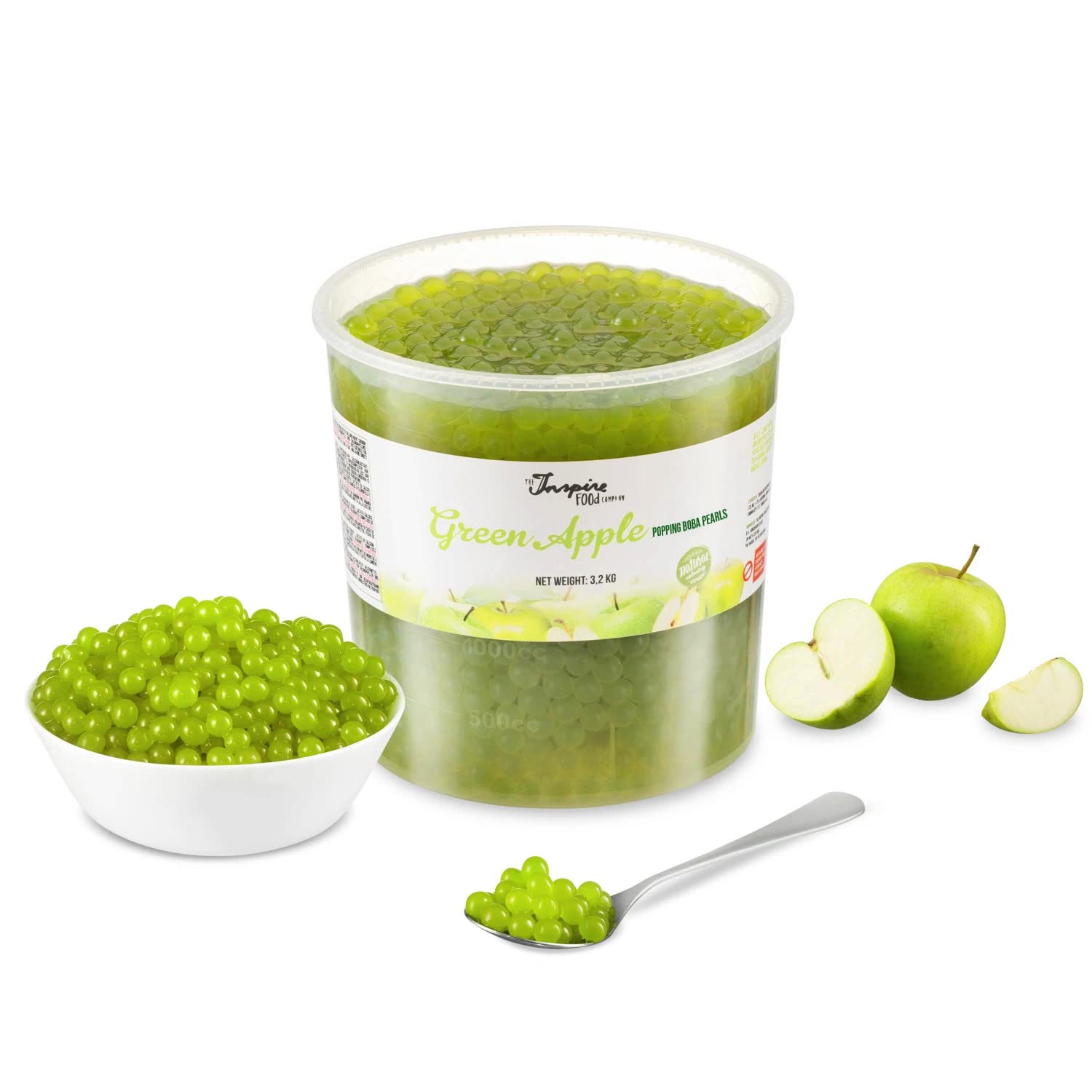Popping Boba for Bubble Tea - Fruit Beads, Exploding Bubbles - 3.2 kg - Green Apple - NO Artificial Colours - Less Sugar, Real Fruit Juice - 100% Vegan and Gluten Free - 3.2 kg