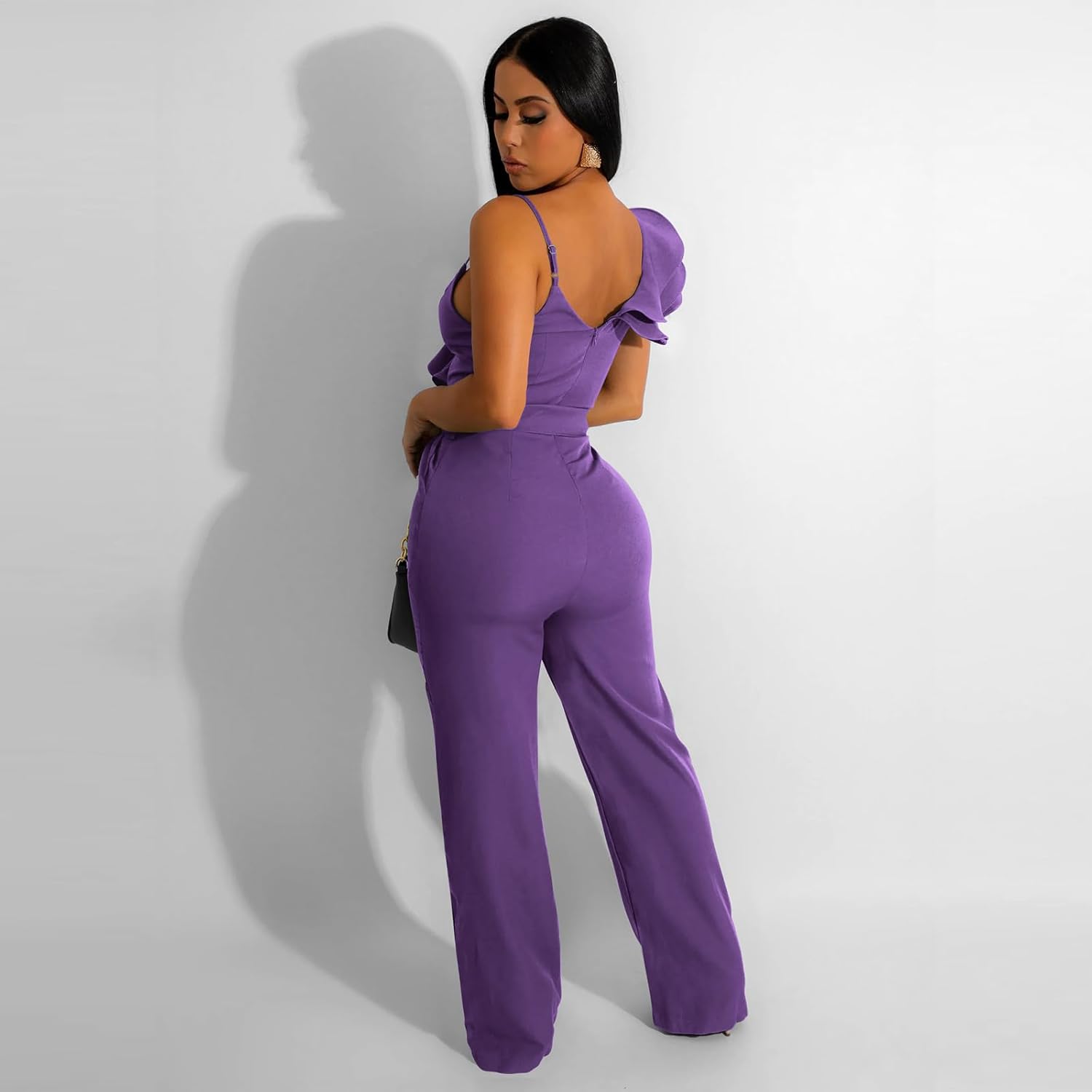 kaimimei Womens Casual Jumpsuits V-Neck Sleeveless Ruffle Backless Belted Wide Leg Pant Sexy Romper Party Clubwear - Image 4