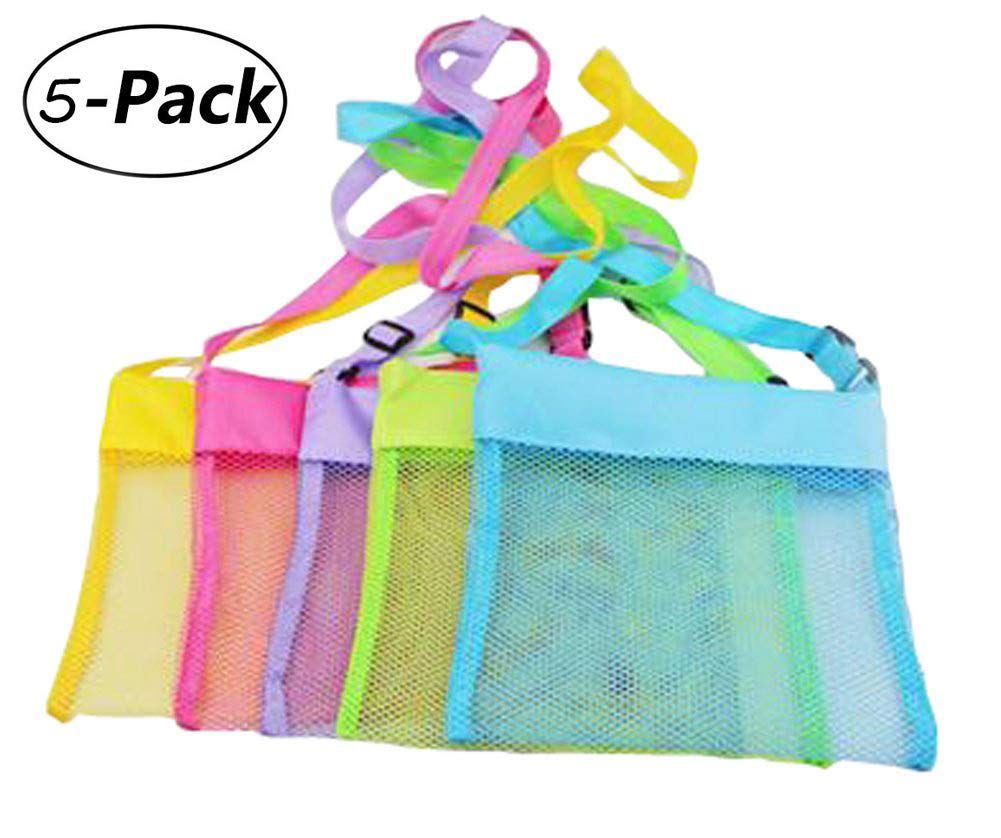 COTDINFORCOTDINFORCA 5-PCS Colorful Mesh Beach Bags Sand Away Portable Foldable Sea Shell Bag with Adjustable Carrying Straps/Toy Storage Bag [Yellow, Rose, Purple, Green, Blue] Set of 5 Beach Bags