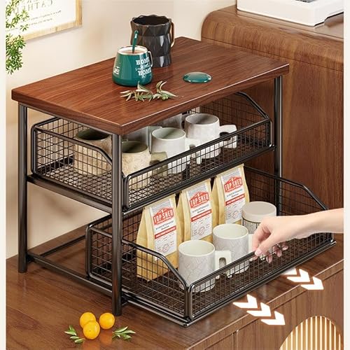 Sharplace 2-Tier Coffee Station Organizer with Drawer, 37x25x33cm Wooden & Iron Kitchen Counter Shelf for Mugs Bar Essentials, Sturdy Multi-Layer Storage with Silent Sliding Rail, Black - Image 2