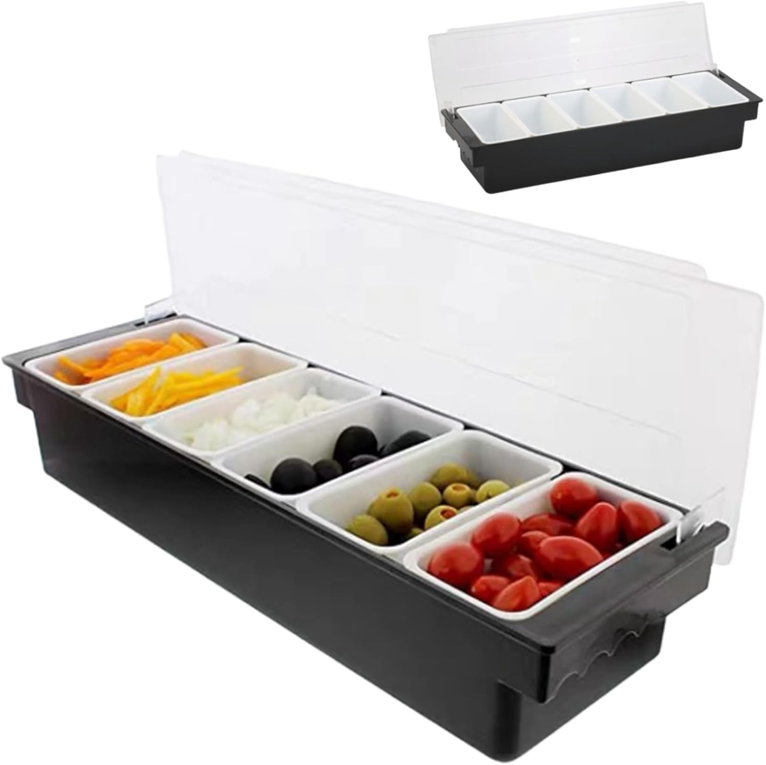 Condiment Holder with Detachable 6 Compartments Plastic Ingredients Condiment Dispenser with Lid Reusable Ice Cooled Pizza Topping Station for Home Restaurant Condiment Holder Condiment Containers wi