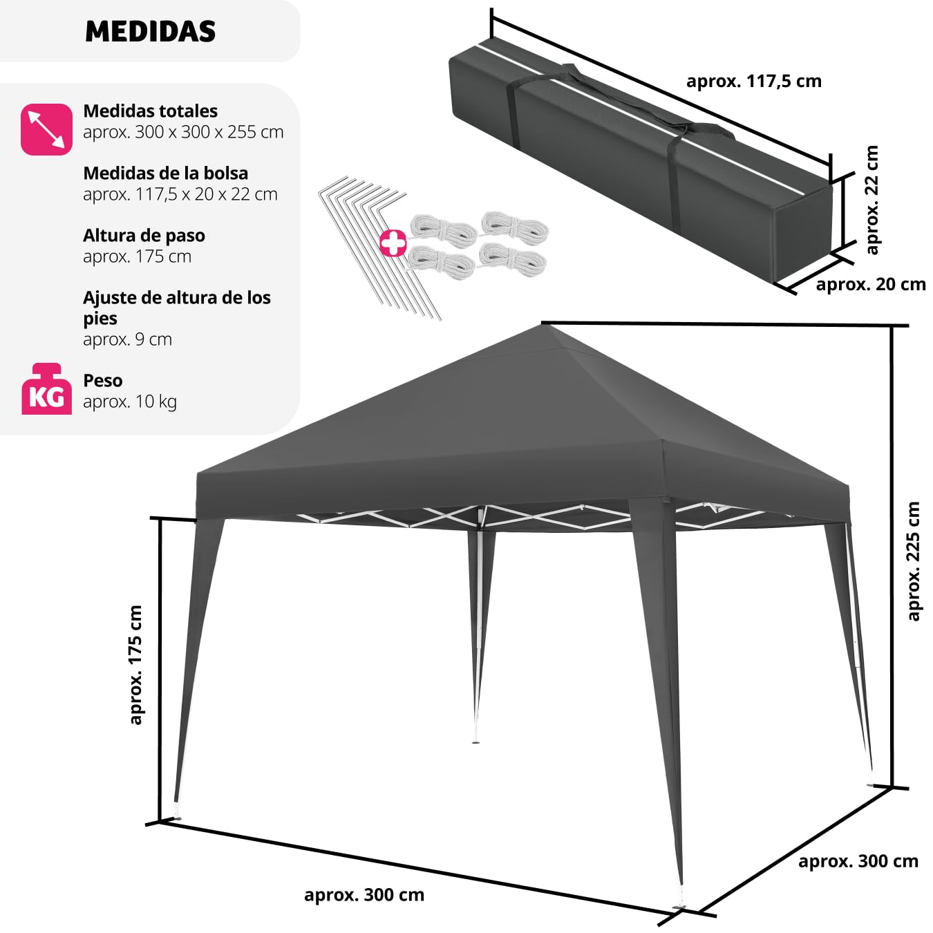 tectake® Carpa Plegable, Estructura Robusta, Regulable, Cenador, Pergolas de Jardin, Toldo Camping, Playa, Exterior, Carpas Repelentes al Agua, Cenadores para Jardin - 3x3 m Gris