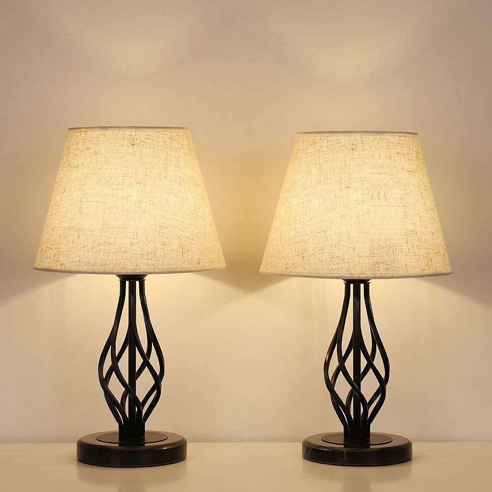 LIANTRAL Set di 2 lampade da comodino, moderna lampada da tavolo con base in marmo e paralume in lino, nero