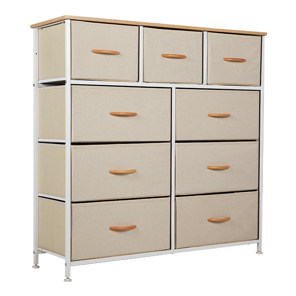 Panana Dresser Storage Tower Bedroom Cabinet Stand with Removable Fabric Drawers Bins for Closet - Steel Frame, Wood Top Organizer for Bedroom, Entryway, Closet, (9 Drawer)