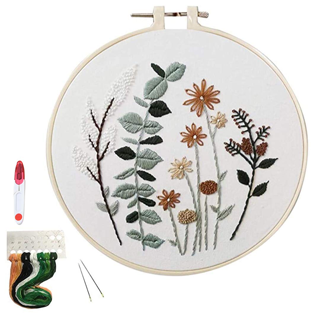 Embroidery Starter Kit with Pattern,Cross Stitch Set, Full Range of Stamped Embroidery Kits with Embroidery Clothes with Plant Pattern, Bamboo Embroidery Hoop, Color Threads and Tools Kit