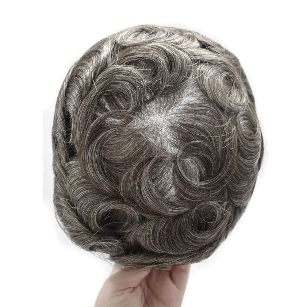 Full French Lace Mens Toupee All Super Thin Swiss Lace Hairpiece Remy Human Hair Repalcement (7''x9''100% Light Medium Density, 250# Darkest Brown With 50% Gray)