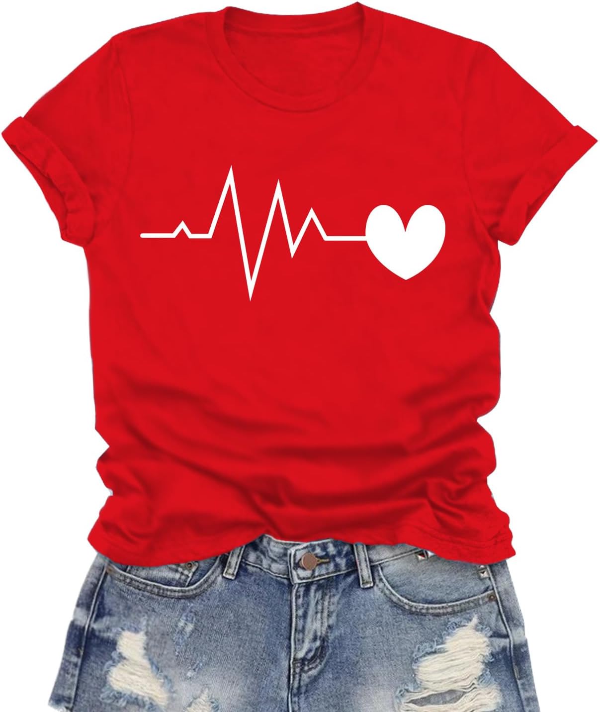 Valentines Shirts for Women Valentines Day T-Shirt Heartbeat Pattern Tee Tops