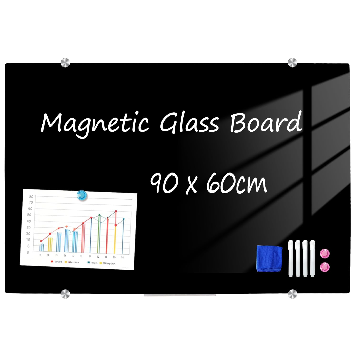 XIWODE Magnetic Black Glass Dry Erase Whiteboard, Frameless Glass Dry Erase Board, 60 x 90cm,for Home, School, Office