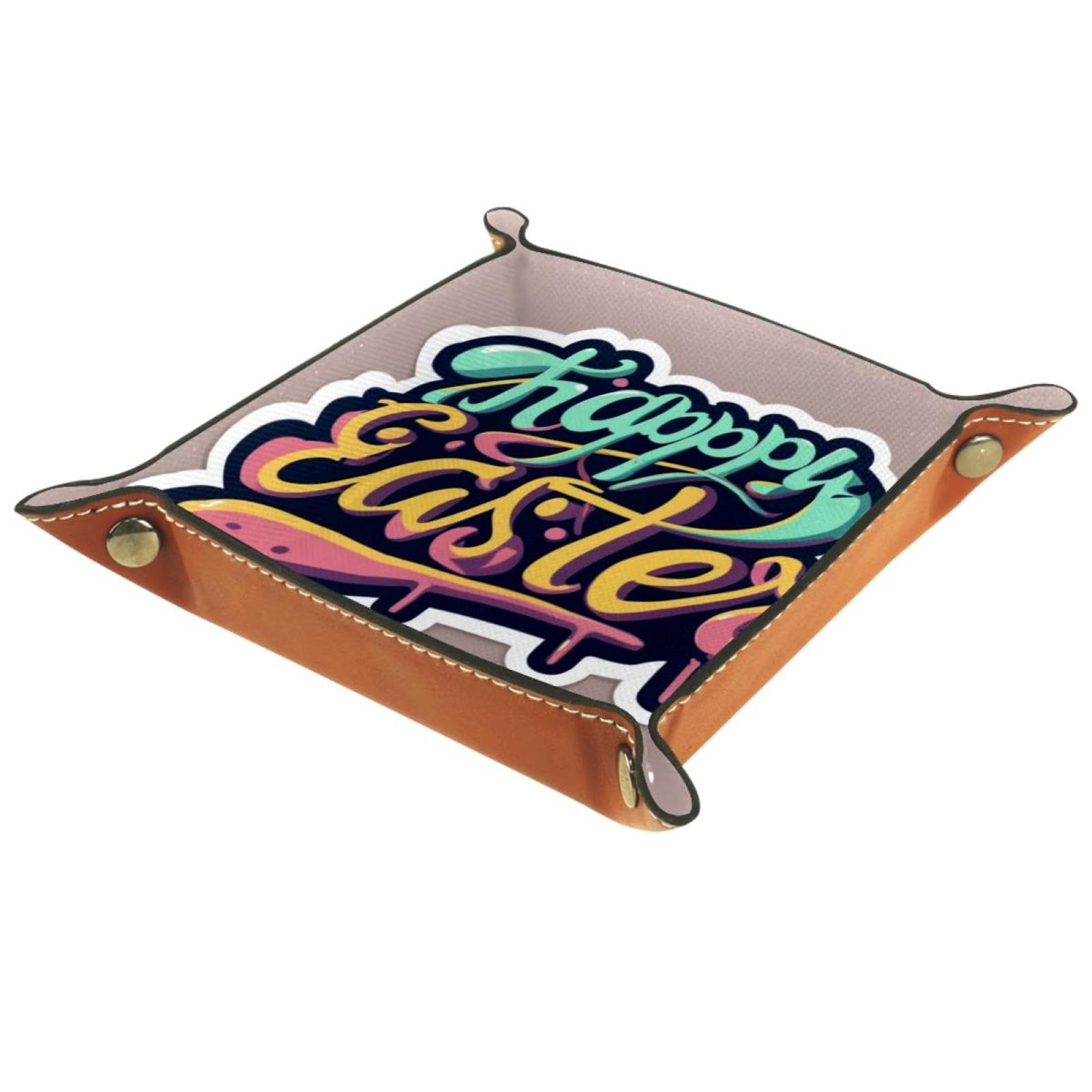 Generic Happy Easter Fun Font Thick PU Brown Leather Valet Catchall Organizer, Folding Rolling Jewelry Storage Box, snh-001