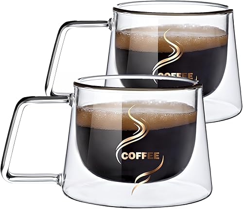 Expresso Cups - Juego de 2 tazas de café de vidrio con aislamiento de doble pared con asa para capuchinos con leche, tazas de chupito de espresso de