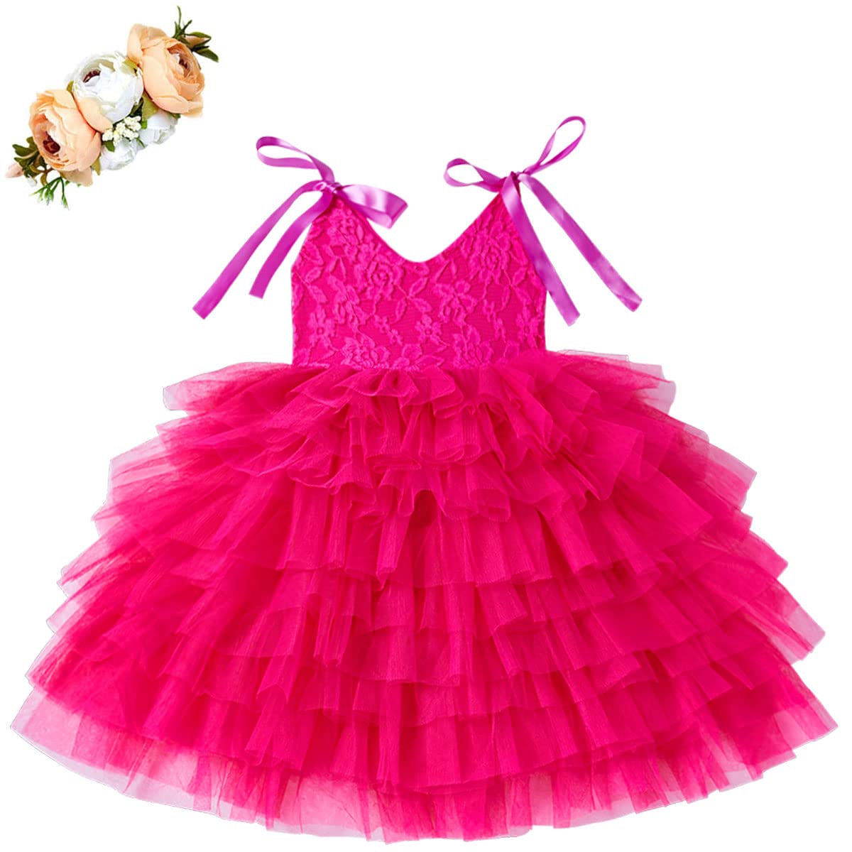 Cilucu Toddler Girls Tutu Maxi Dress Kids Spaghetti Strap Dresses Birthday Party Flower Girls Dress for Wedding Kids Princess V-Neck Banquet Prom Rose Lace Hot Pink New Years 12-24 Months