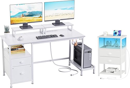 Furologee Escritorio blanco para computadora y mesita de noche con estación de carga, escritorio de oficina con soportes para monitor y archivador,