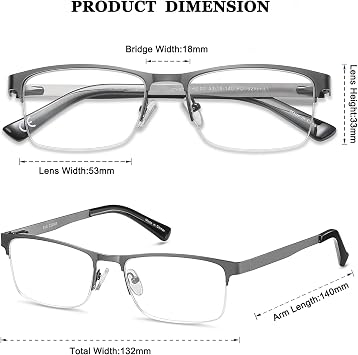 EYECEDAR 5-Pack Reading Glasses Men Metal Half Frame Spring Hinges Gunmetal Rectangular Style Eyeglasses Readers 1.50