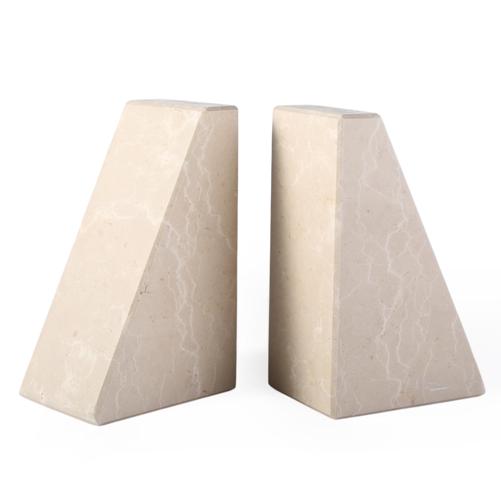 Marble Bookends for Heavy Books, Decorative Book Ends for Shelves, Durable and Heavy-Duty Stone Bookends for Hardback Book &amp; CDS, Unique Book Stopper &amp; Holder, New Jura Beige-Vein, Set of 2