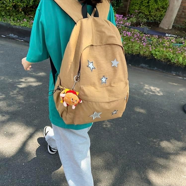 Miniatura 4 de Mochila Kawaii con bonitos accesorios, nailon impermeable, múltiples compartimentos y bolsillos externos (marrón)