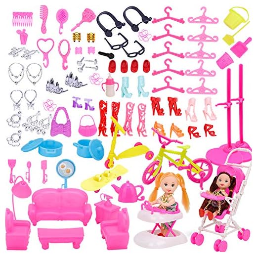 WENTS Accesorios Barbie 108 Piezas Accesorios para Muñecas Dolls Incluyendo Zapatos Bolsas Collar Espejo Percha Vajilla Mini Accesorios de Cocina cumpleaños Soporte para niñas